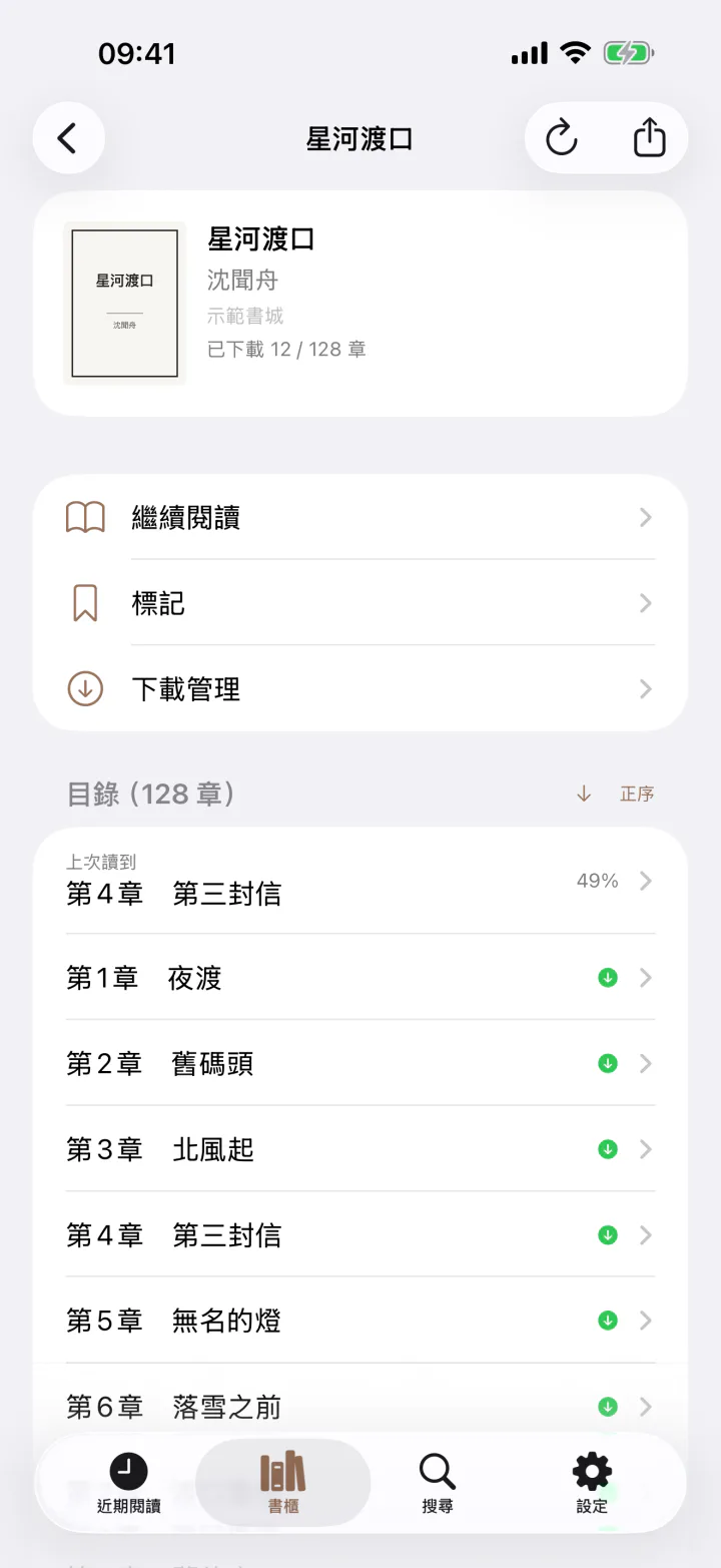 書籍頁：目錄 128 章，已下載的章節有標記